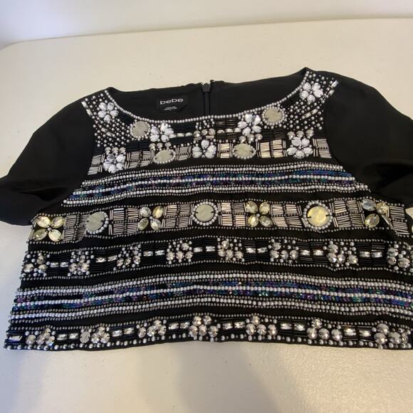 Bebe Vintage Y2K Crop Black Beaded Sequins Bling Gala Goth Grunge Blouse Top 2 - Picture 5 of 8